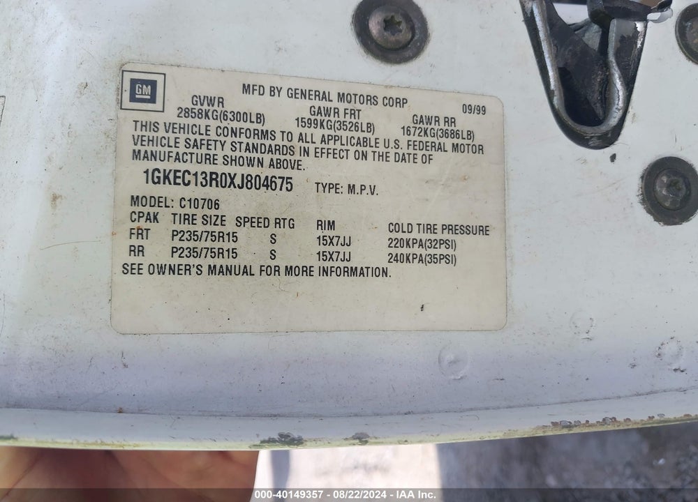 1999 GMC YUKON VIN: 1GKEC13R0XJ804675