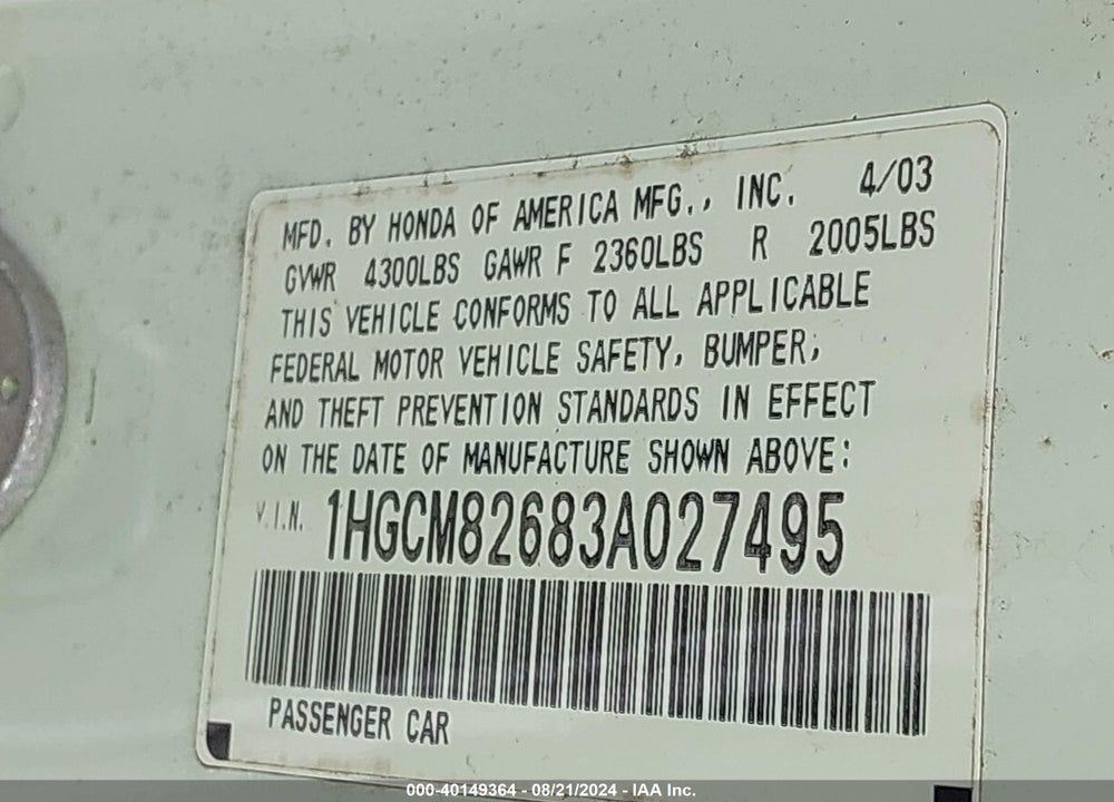 2003 HONDA ACCORD 3.0 EX VIN: 1HGCM82683A027495