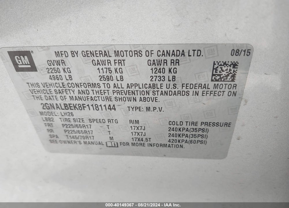 2015 CHEVROLET EQUINOX 1LT VIN: 2GNALBEK8F1181144
