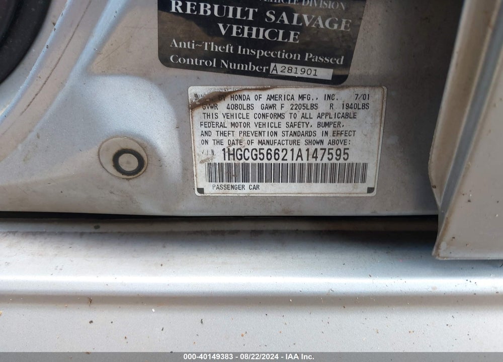 2001 HONDA ACCORD 2.3 EX VIN: 1HGCG56621A147595