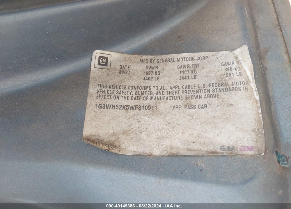 1998 OLDSMOBILE INTRIGUE VIN: 1G3WH52K5WF310911