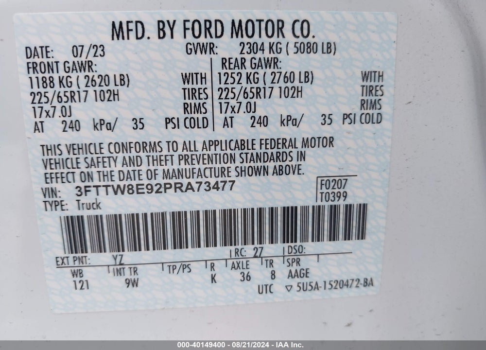 2023 FORD MAVERICK XL VIN: 3FTTW8E92PRA73477