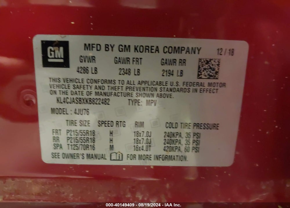 2019 BUICK ENCORE FWD PREFERRED VIN: KL4CJASBXKB822482