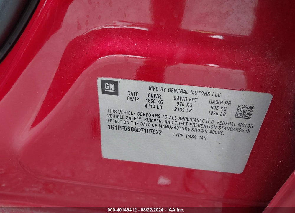 2013 CHEVROLET CRUZE 2LT AUTO VIN: 1G1PE5SB6D7107622