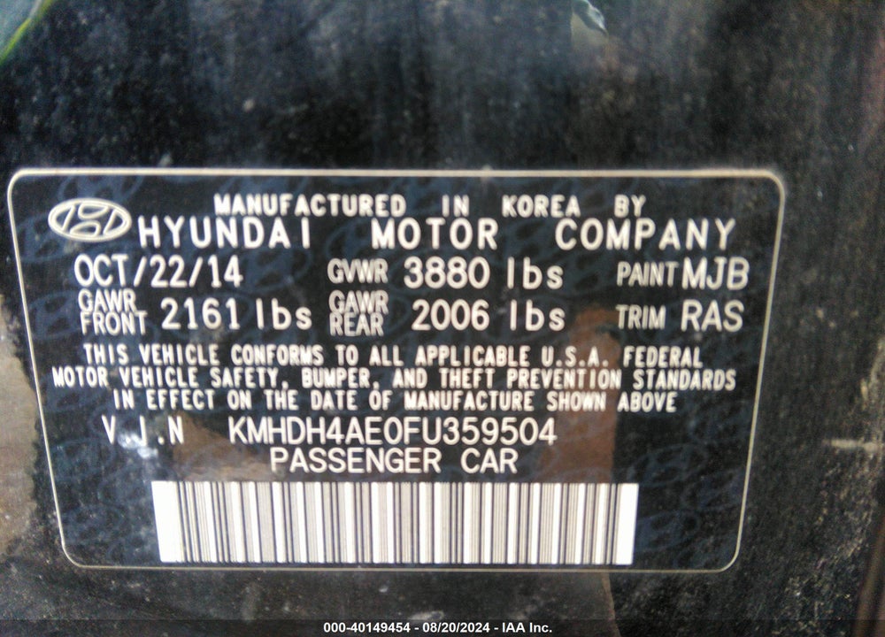 2015 HYUNDAI ELANTRA SE VIN: KMHDH4AE0FU359504
