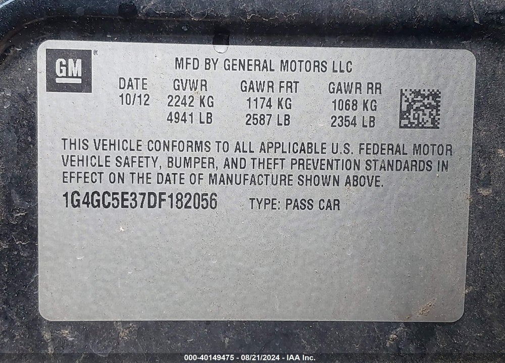 2013 BUICK LACROSSE LEATHER GROUP VIN: 1G4GC5E37DF182056