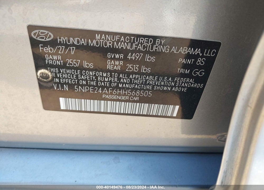 2017 HYUNDAI SONATA VIN: 5NPE24AF6HH568505