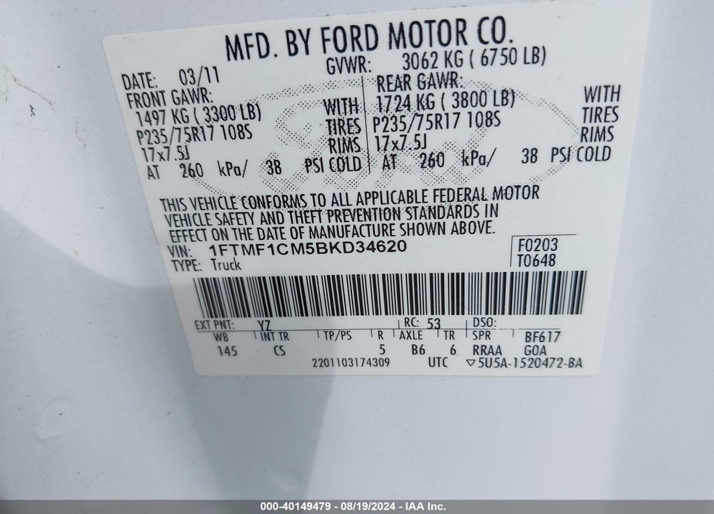 2011 FORD F-150 XL VIN: 1FTMF1CM5BKD34620