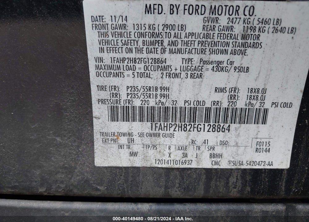 2015 FORD TAURUS SEL VIN: 1FAHP2H82FG128864