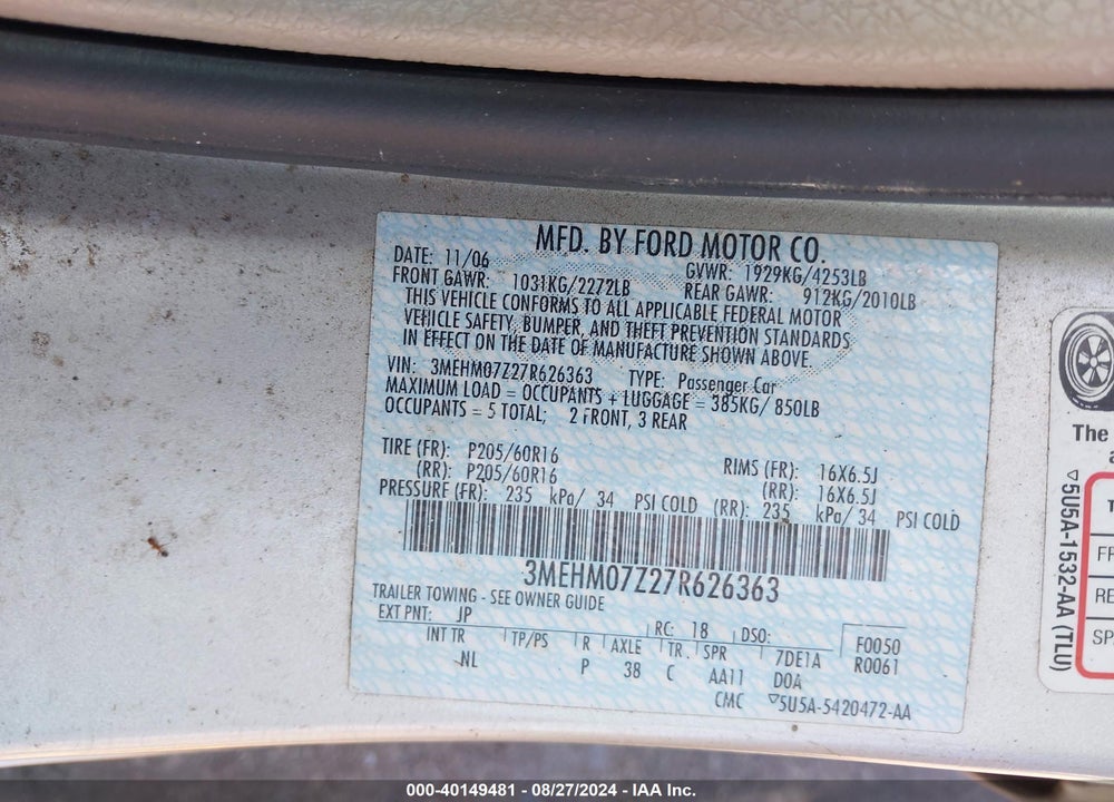 2007 MERCURY MILAN I4 VIN: 3MEHM07Z27R626363