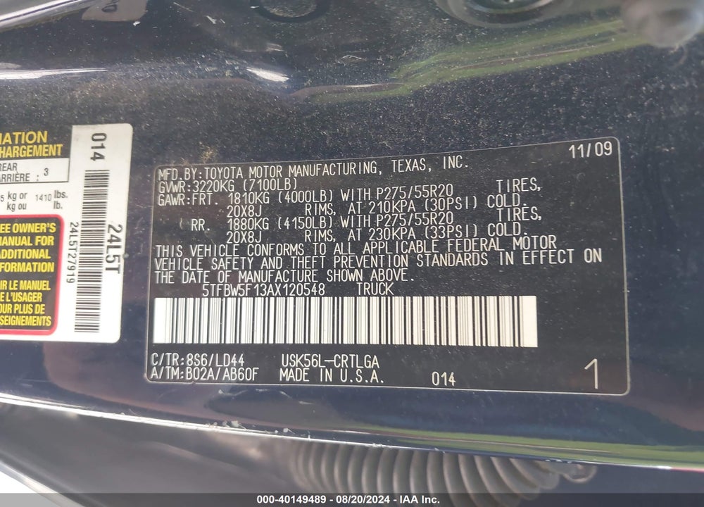 2010 TOYOTA TUNDRA LIMITED 5.7L V8 VIN: 5TFBW5F13AX120548