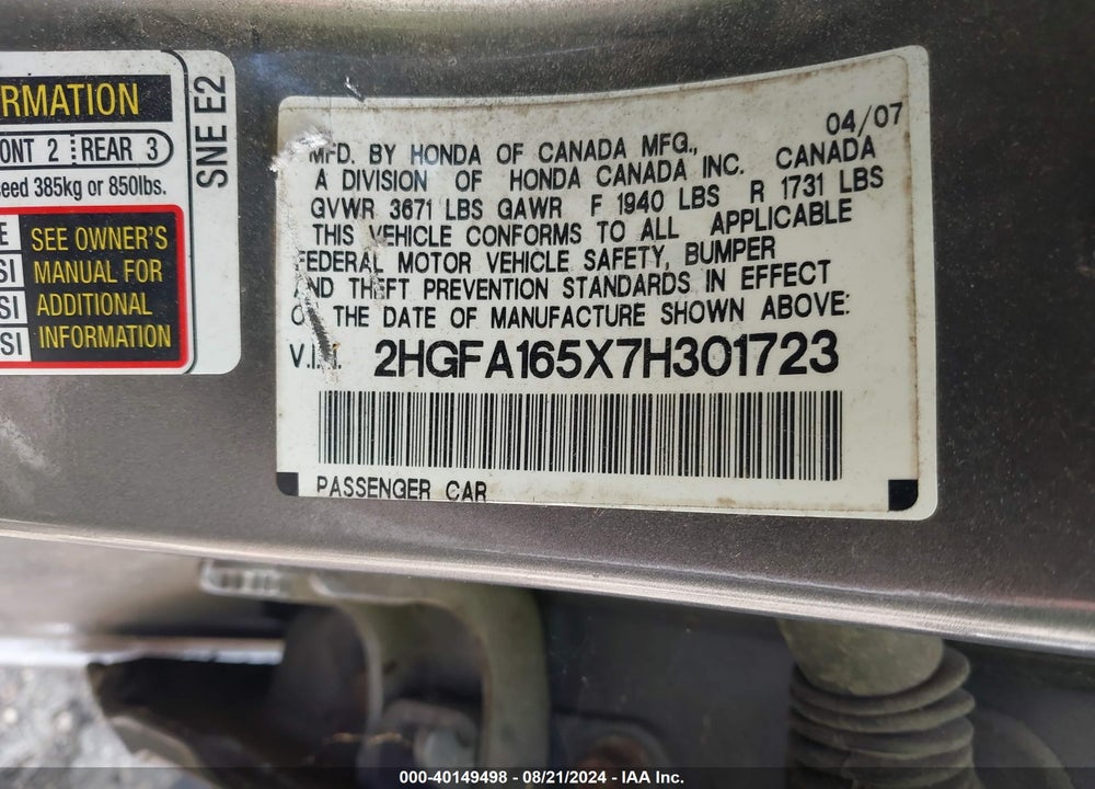 2007 HONDA CIVIC LX VIN: 2HGFA165X7H301723