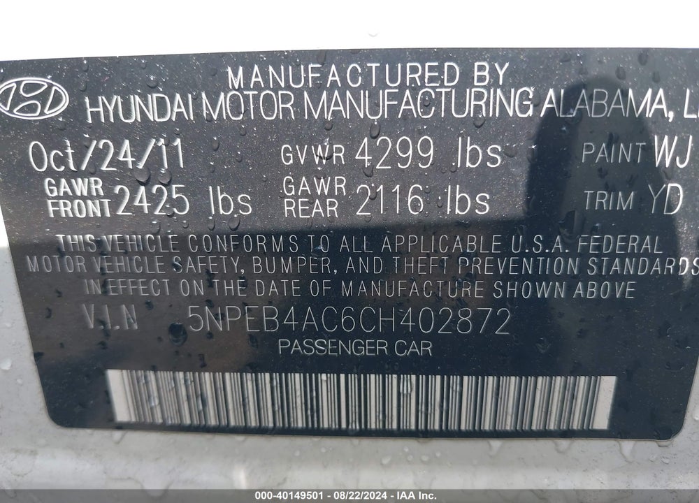 2012 HYUNDAI SONATA GLS VIN: 5NPEB4AC6CH402872
