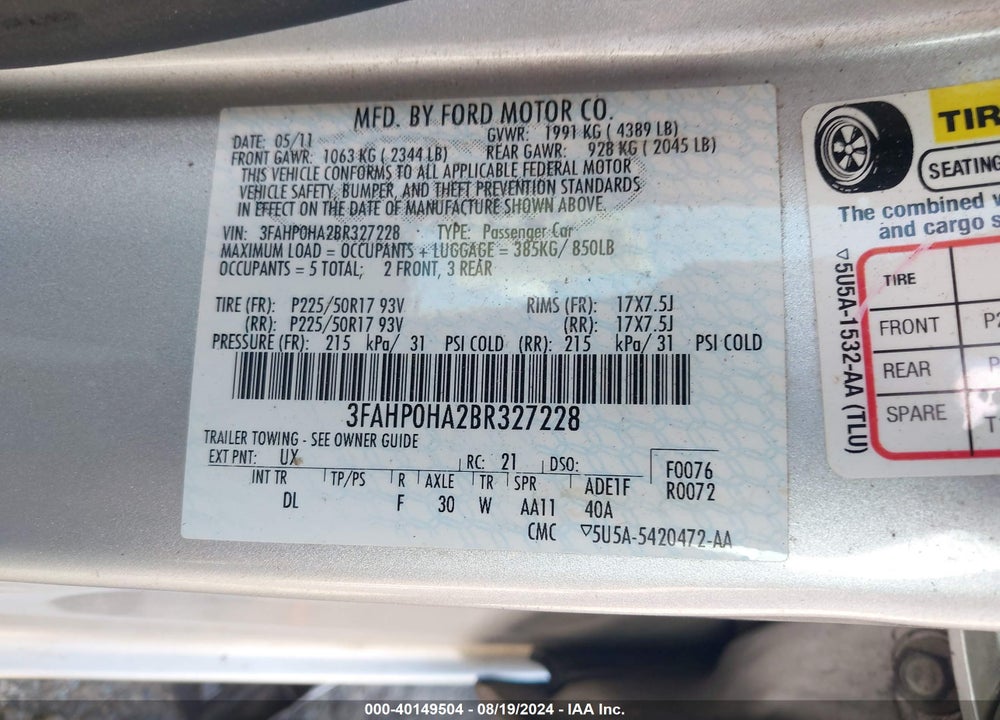 2011 FORD FUSION SE VIN: 3FAHP0HA2BR327228