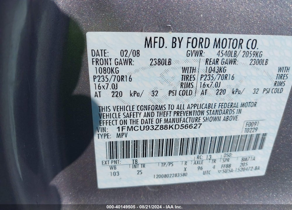 2008 FORD ESCAPE XLT VIN: 1FMCU93Z88KD56627