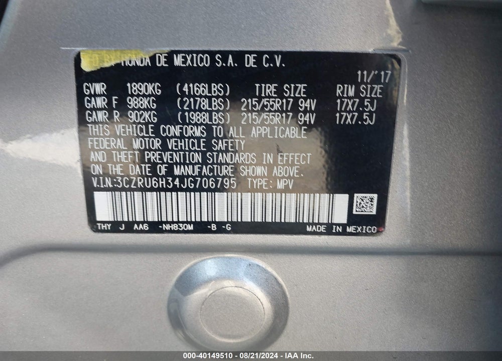 2018 HONDA HR-V LX VIN: 3CZRU6H34JG706795
