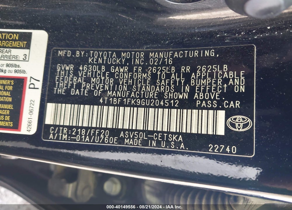 2016 TOYOTA CAMRY SE VIN: 4T1BF1FK9GU204512
