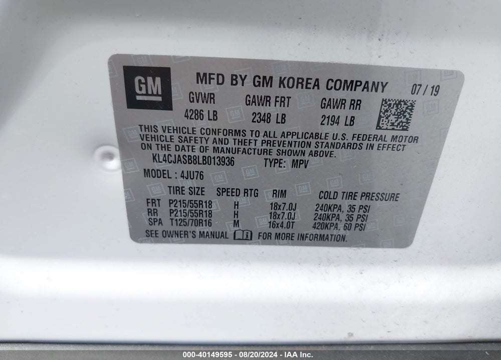 2020 BUICK ENCORE FWD PREFERRED VIN: KL4CJASB8LB013936