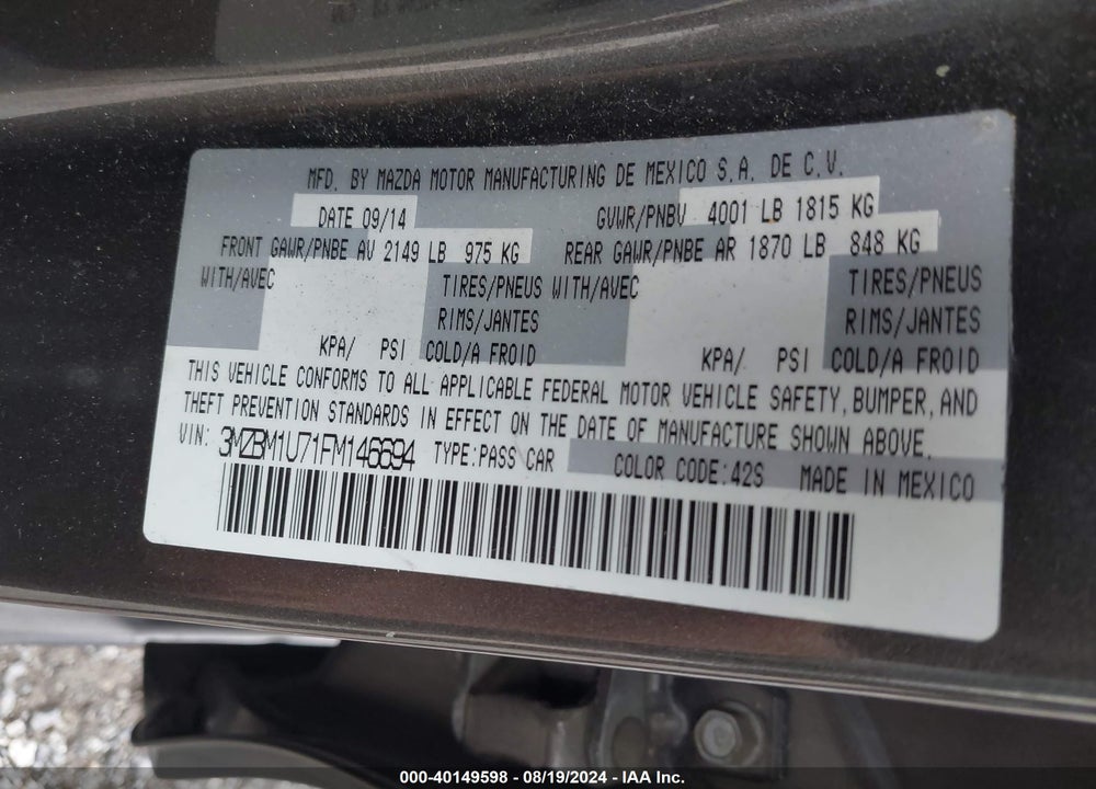2015 MAZDA 3 I SPORT VIN: 3MZBM1U71FM146694