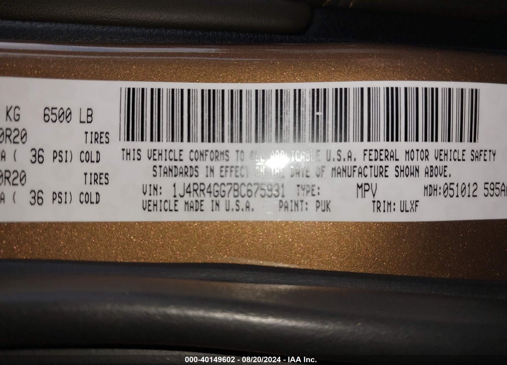 2011 JEEP GRAND CHEROKEE LAREDO VIN: 1J4RR4GG7BC675931