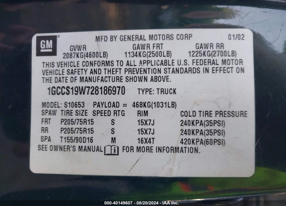 2002 CHEVROLET S-10 LS VIN: 1GCCS19W728186970