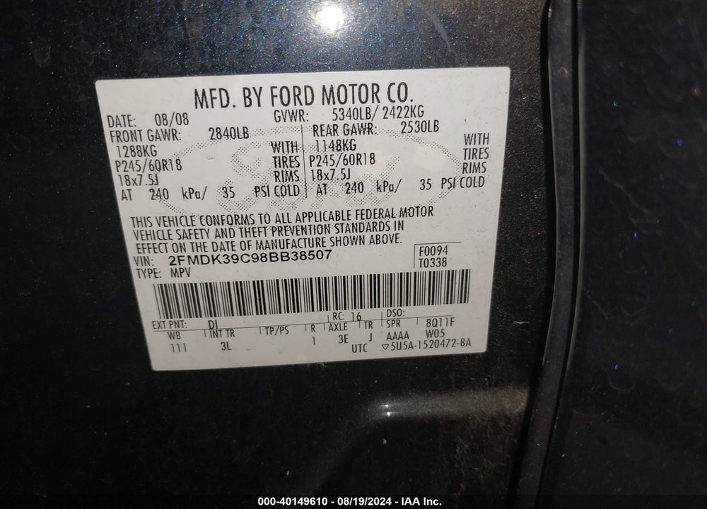 2008 FORD EDGE LIMITED VIN: 2FMDK39C98BB38507