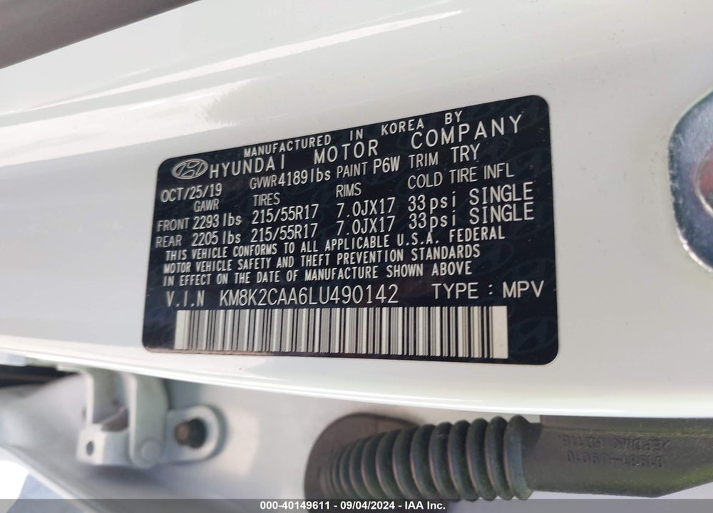 2020 HYUNDAI KONA SEL VIN: KM8K2CAA6LU490142