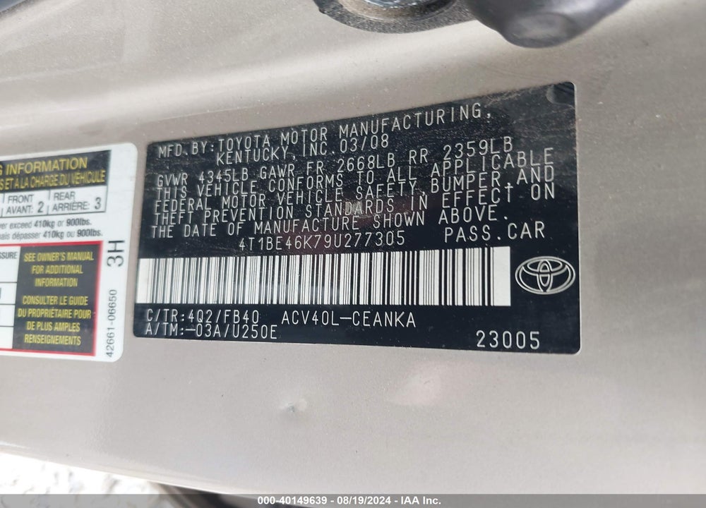 2009 TOYOTA CAMRY LE VIN: 4T1BE46K79U277305
