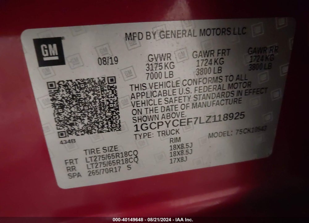 2020 CHEVROLET SILVERADO 1500 4WD SHORT BED CUSTOM TRAIL BOSS VIN: 1GCPYCEF7LZ118925