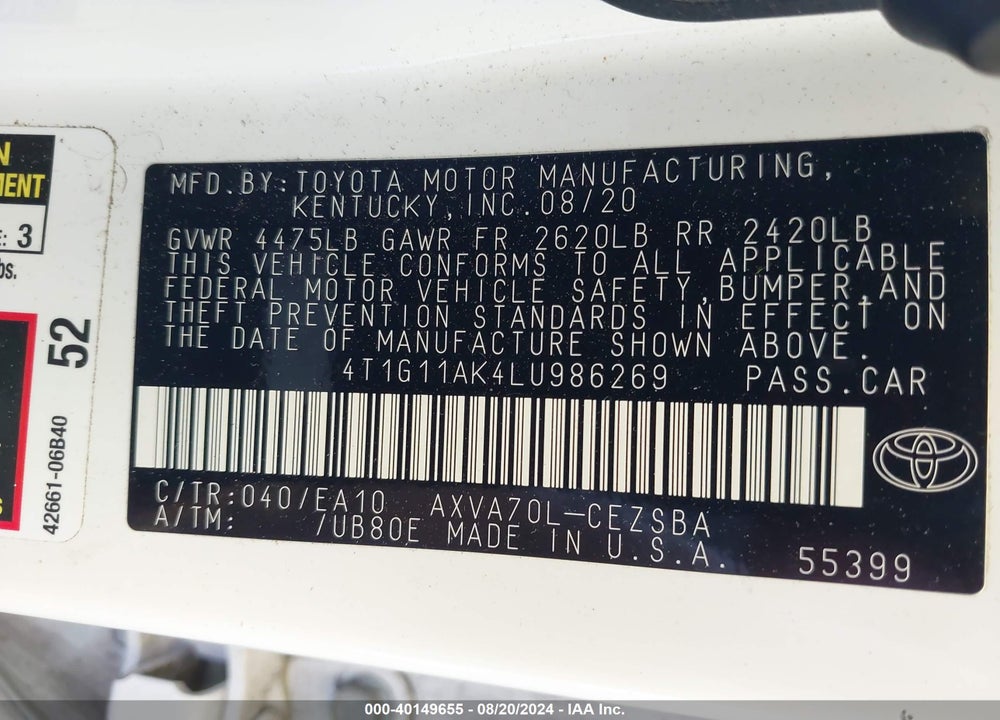 2020 TOYOTA CAMRY SE VIN: 4T1G11AK4LU986269
