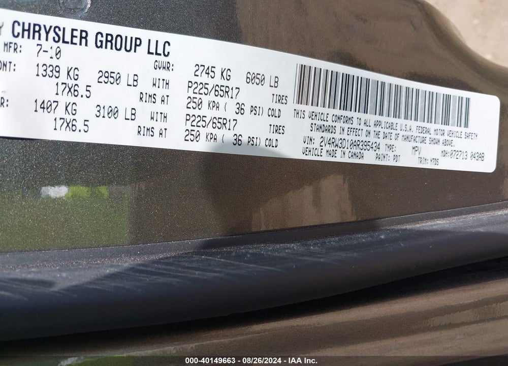 2010 VOLKSWAGEN ROUTAN SE VIN: 2V4RW3D10AR395434