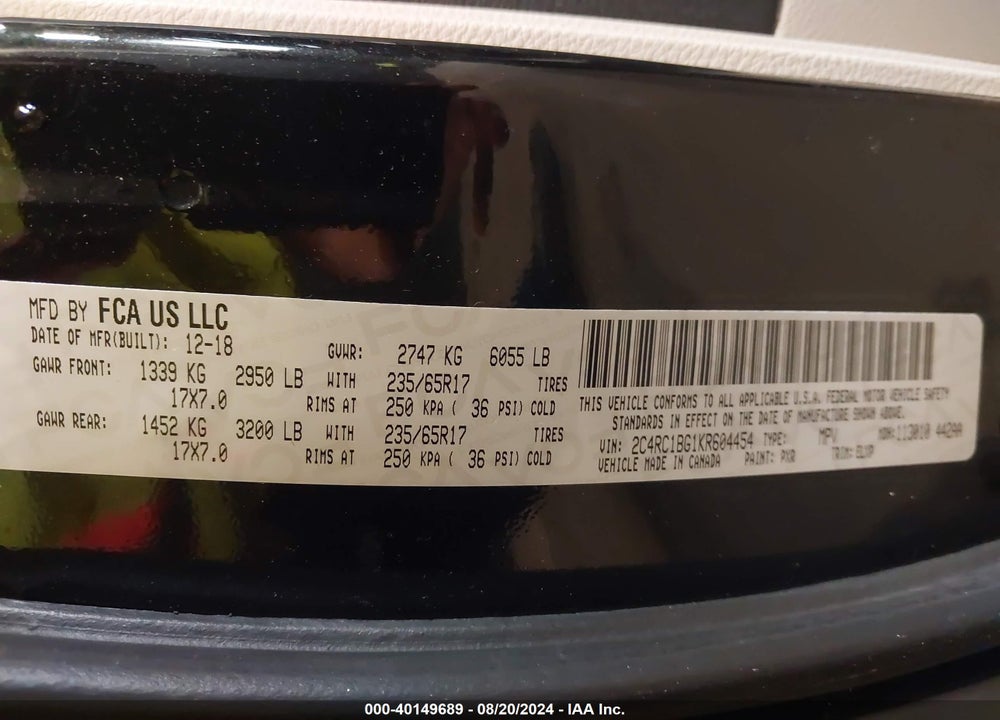 2019 CHRYSLER PACIFICA TOURING L VIN: 2C4RC1BG1KR604454