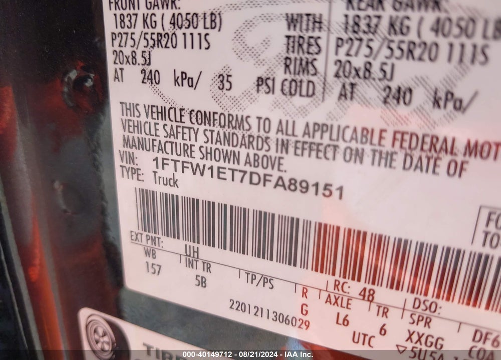 2013 FORD F-150 FX4 VIN: 1FTFW1ET7DFA89151