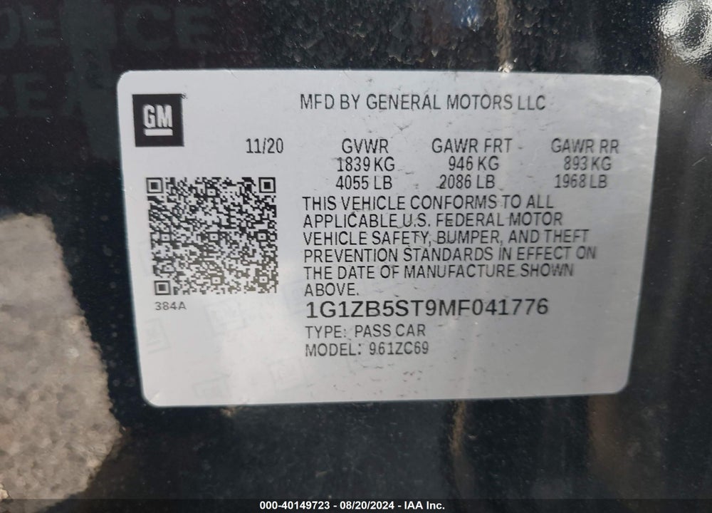 2021 CHEVROLET MALIBU FWD LS VIN: 1G1ZB5ST9MF041776