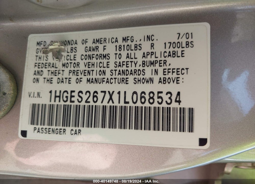 2001 HONDA CIVIC EX VIN: 1HGES267X1L068534
