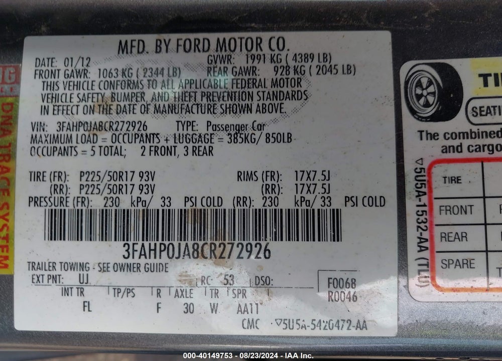 2012 FORD FUSION SEL VIN: 3FAHP0JA8CR272926