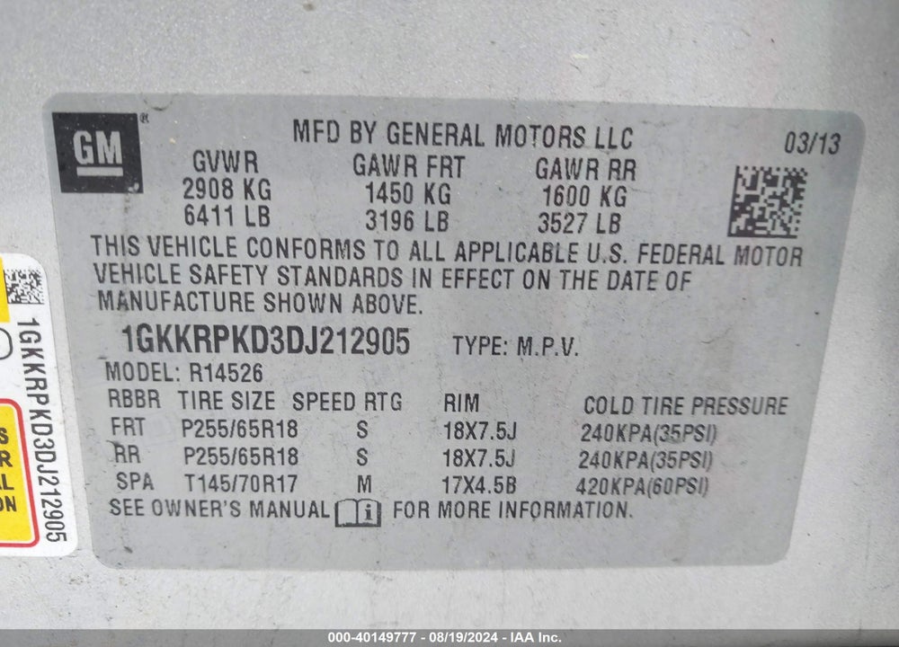 2013 GMC ACADIA SLE-2 VIN: 1GKKRPKD3DJ212905