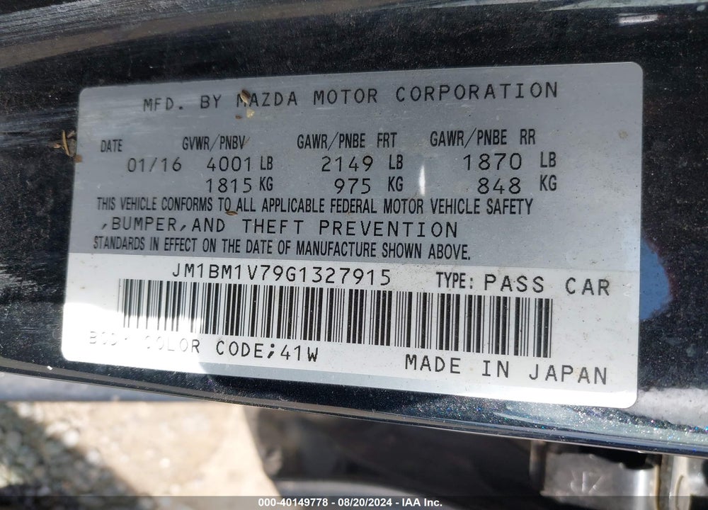 2016 MAZDA 3 I TOURING VIN: JM1BM1V79G1327915