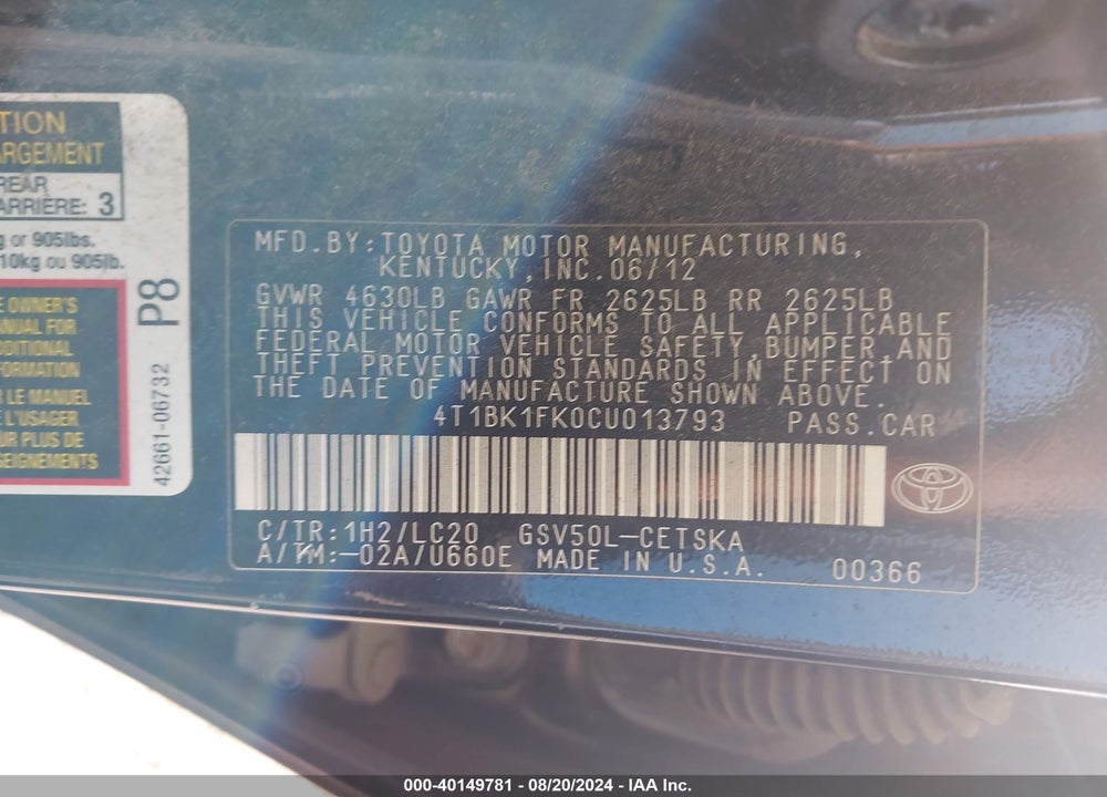 2012 TOYOTA CAMRY SE V6 VIN: 4T1BK1FK0CU013793