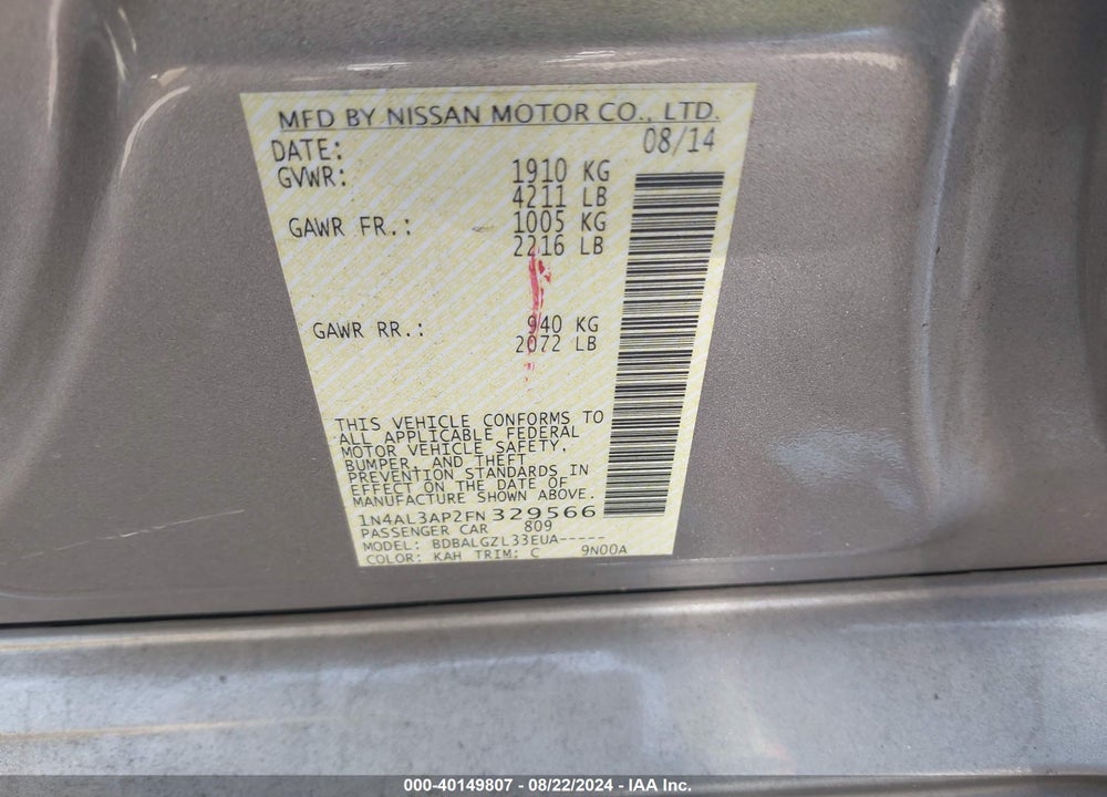2015 NISSAN ALTIMA 2.5/2.5 S/2.5 SL/2.5 SV VIN: 1N4AL3AP2FN329566