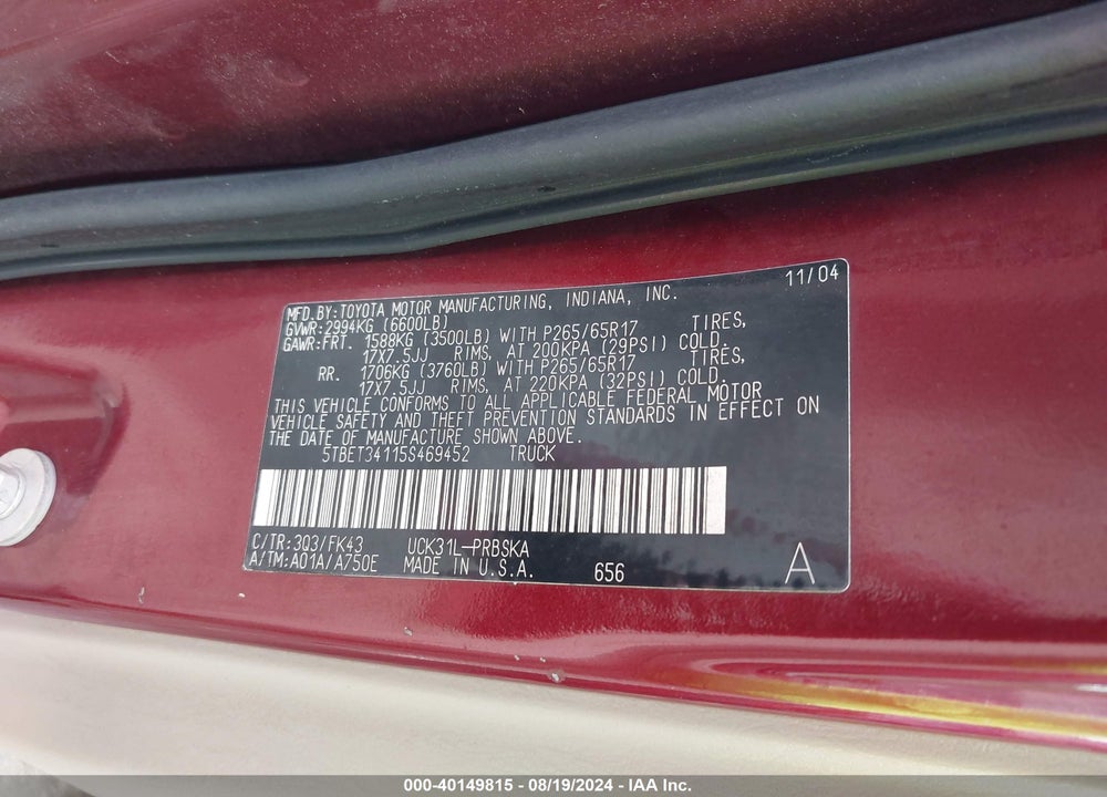 2005 TOYOTA TUNDRA SR5 V8 VIN: 5TBET34115S469452