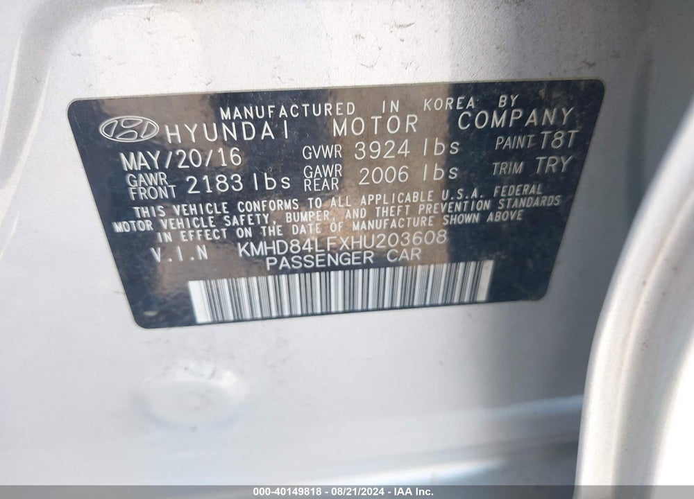2017 HYUNDAI ELANTRA VIN: KMHD84LFXHU203608