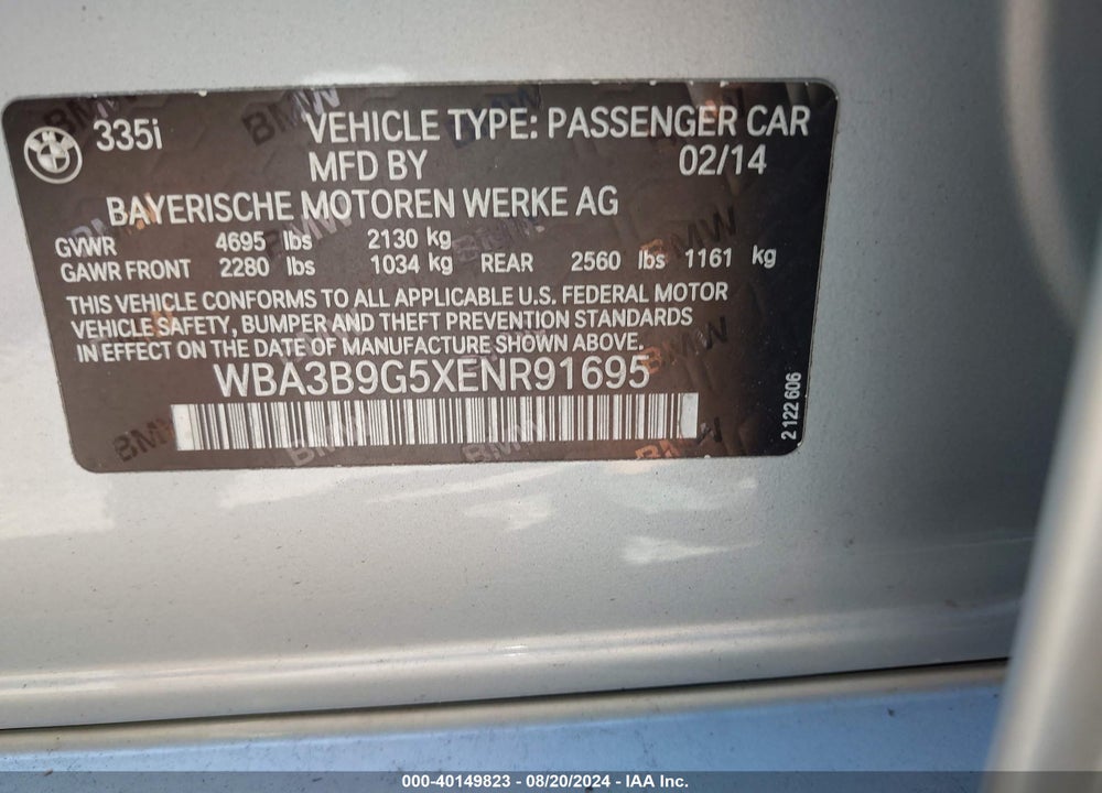 2014 BMW 335I XDRIVE VIN: WBA3B9G5XENR91695