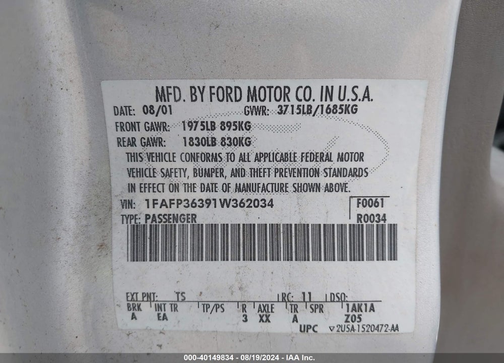2001 FORD FOCUS SE VIN: 1FAFP36391W362034