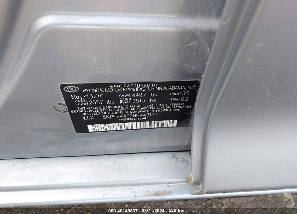2017 HYUNDAI SONATA VIN: 5NPE24AF0HH443113