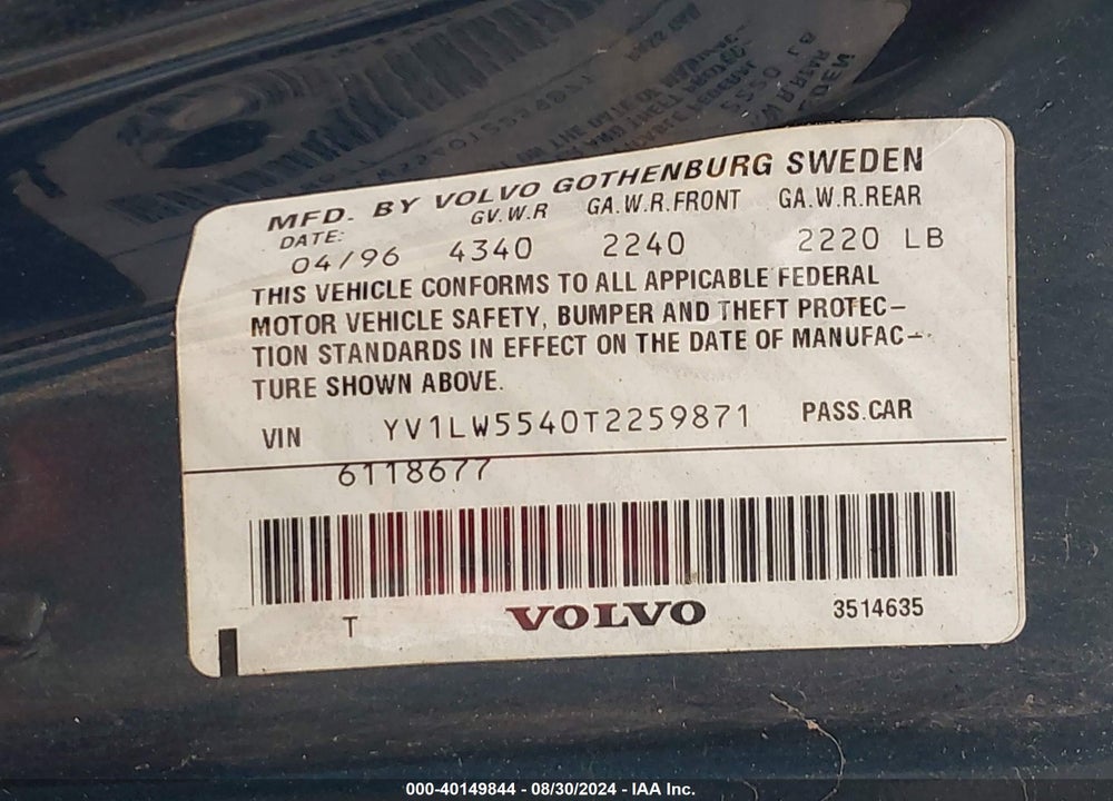 1996 VOLVO 850 GLT VIN: YV1LW5540T2259871