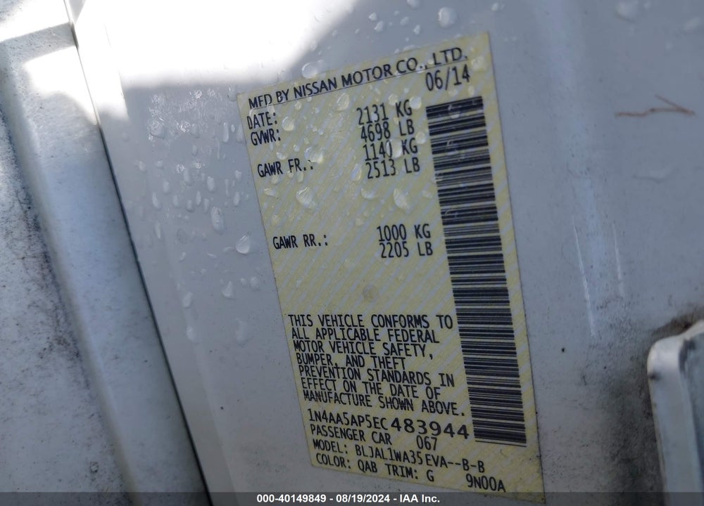 2014 NISSAN MAXIMA 3.5 SV VIN: 1N4AA5AP5EC483944