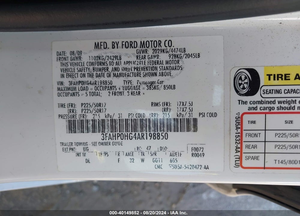 2010 FORD FUSION SE VIN: 3FAHP0HG4AR198850