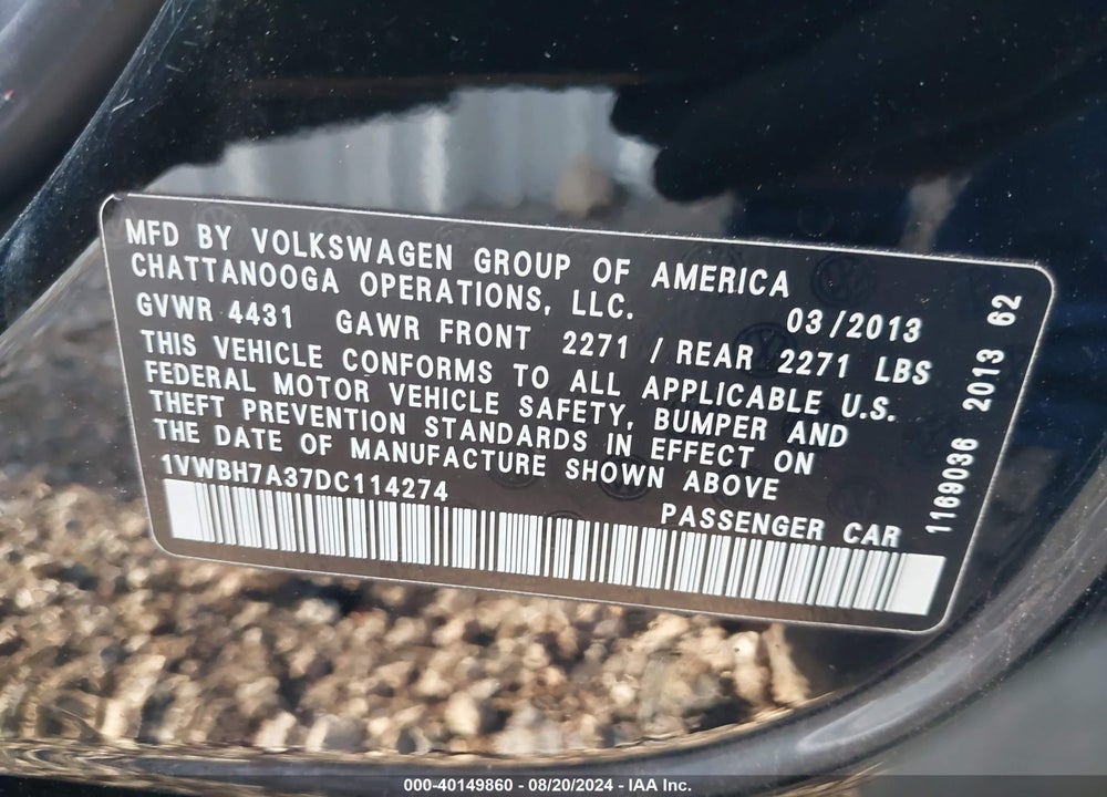 2013 VOLKSWAGEN PASSAT 2.5L SE VIN: 1VWBH7A37DC114274