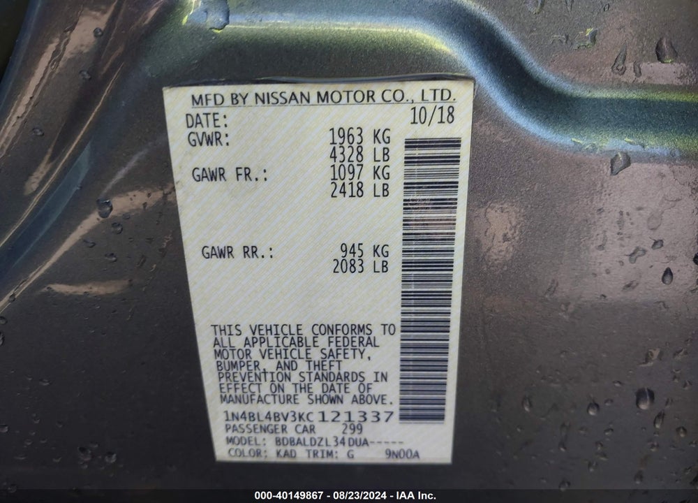 2019 NISSAN ALTIMA 2.5 S VIN: 1N4BL4BV3KC121337
